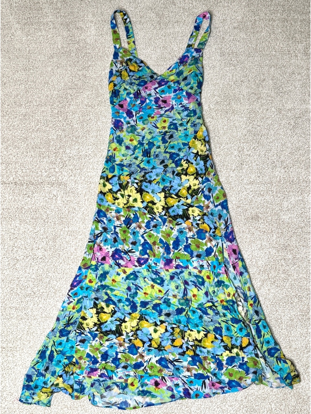 Zara Floral Maxi Dress XS Blue Green Pink 100% Viscose Strappy Summer